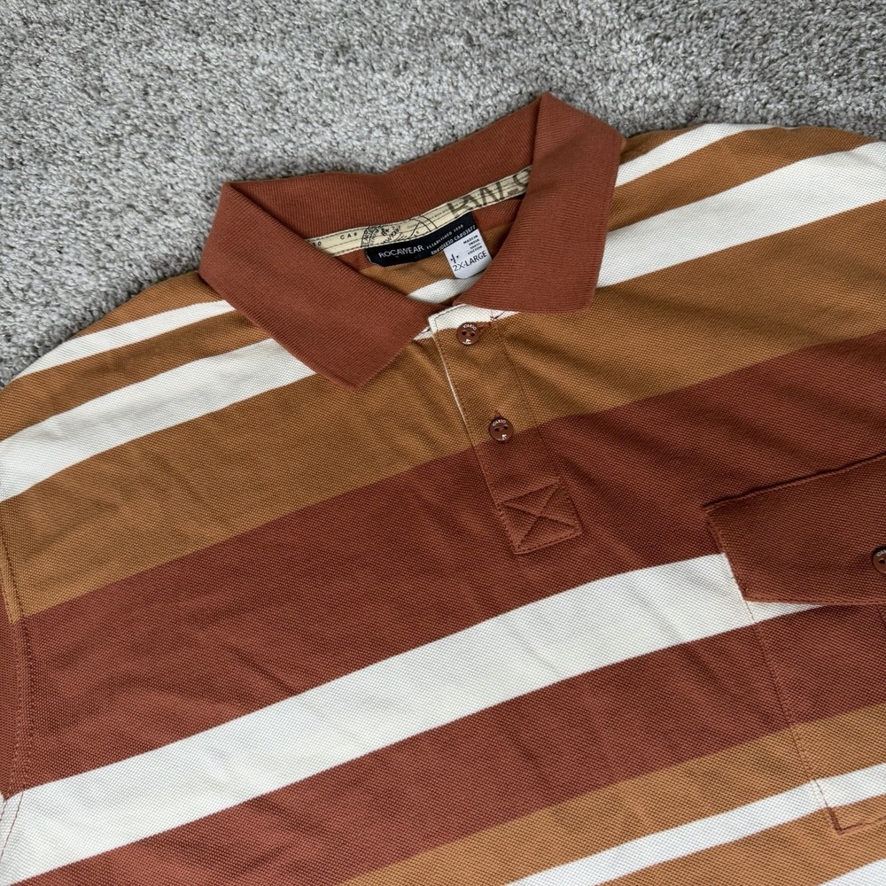 Rocawear Brown Cream Striped Mens 2XL 90's Y2K Hip Hop Button Polo Golf Shirt